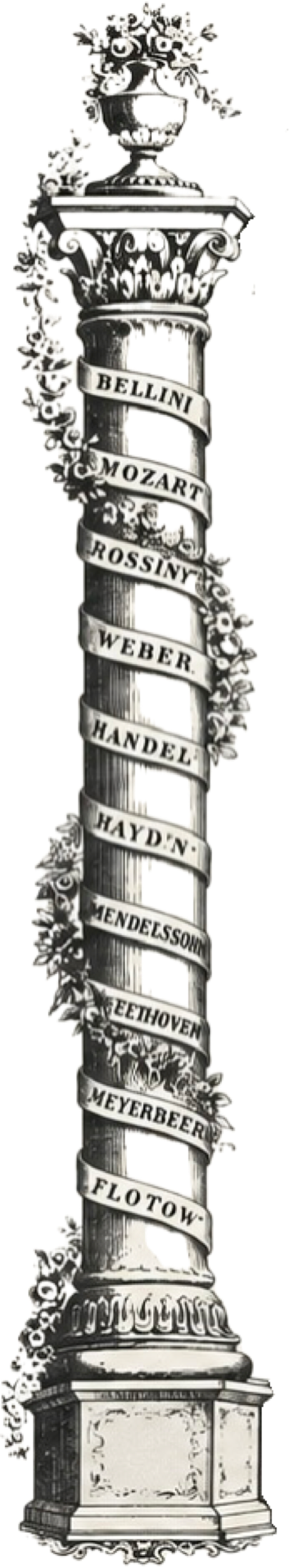 Decorative Register of Airs Pillar showing the growing catalogue of antique musical box tunes.