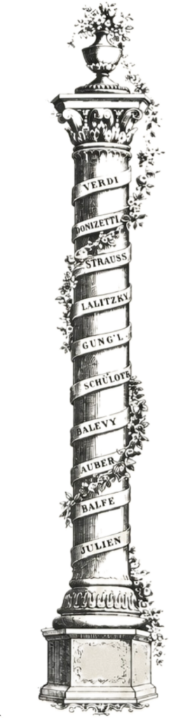 Decorative Register of Airs Pillar showing the growing catalogue of antique musical box tunes.