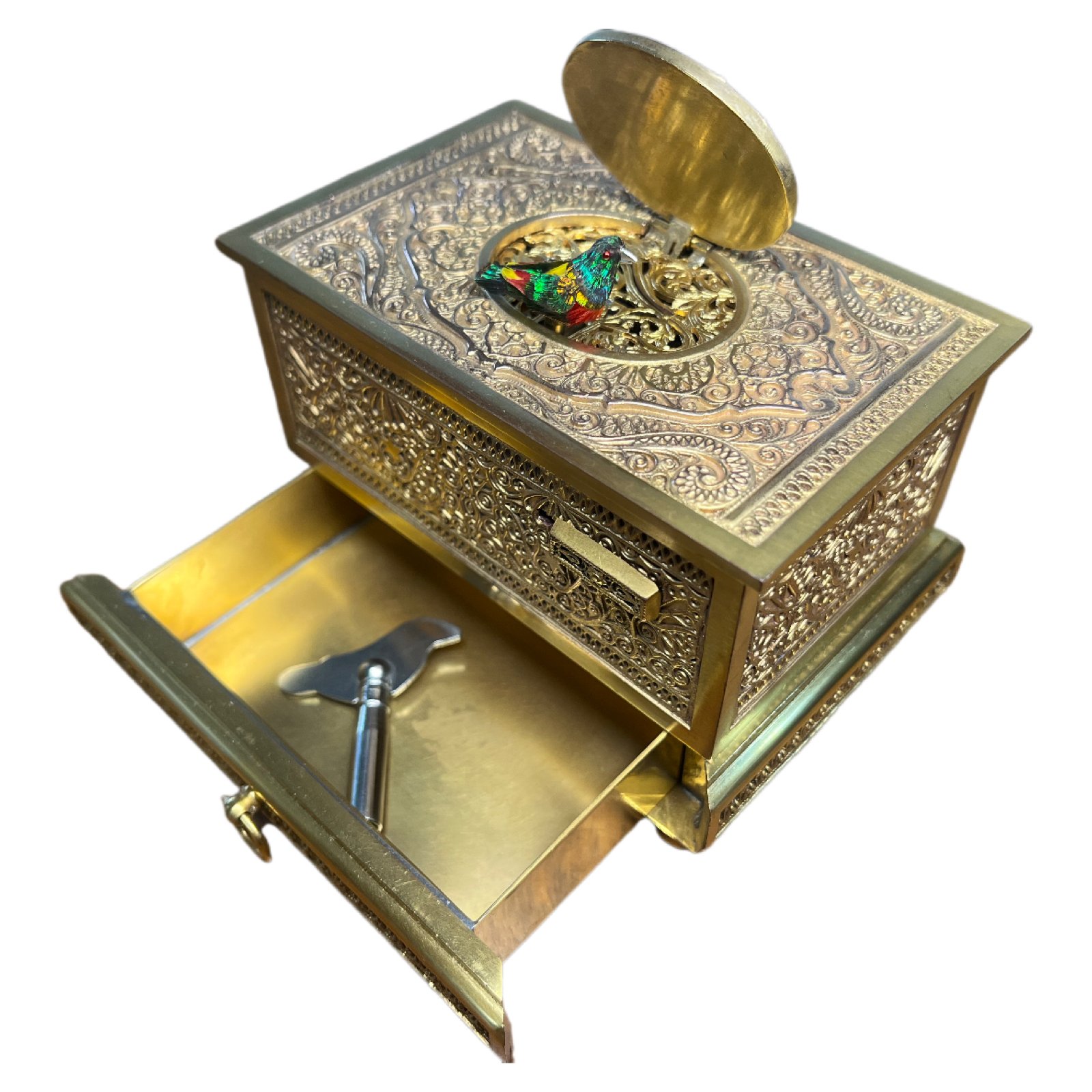 Filigree Gilt Singing Bird Box with drawer by Karl Griesbaum SGKG1