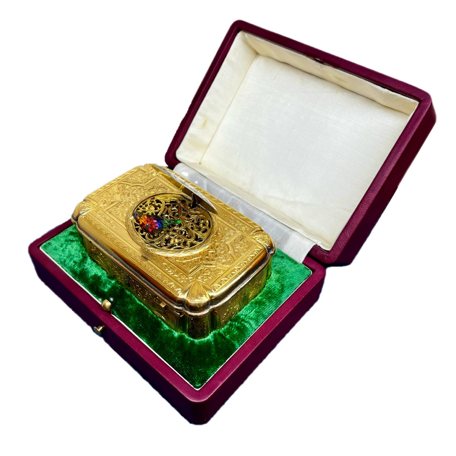Engraved Gilt Singing Bird box by bontems in a red leather case sgb2c 2